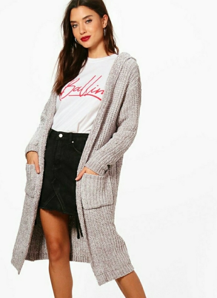 Silver Gray cable knit chenille hooded cardigan